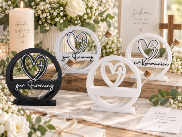 Geldgeschenk Herz mit Reagenzglas – personalisiert – Taufe, Kommunion & Firmung