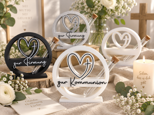 Geldgeschenk Herz mit Reagenzglas – personalisiert – Taufe, Kommunion & Firmung
