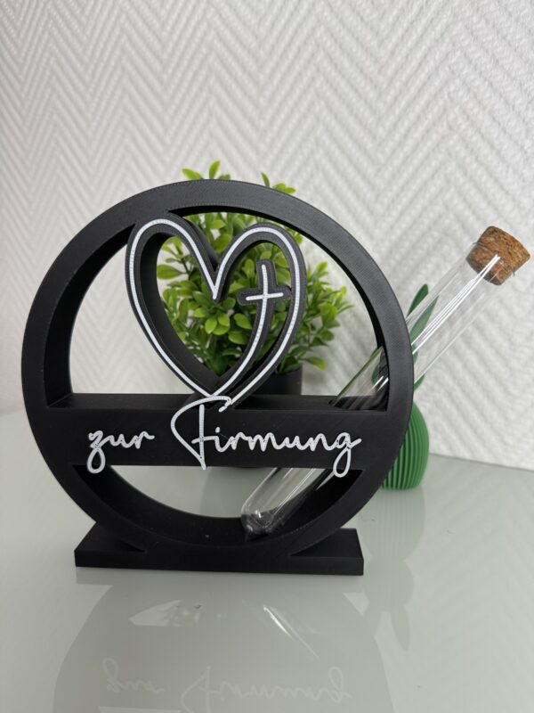 Geldgeschenk Herz mit Reagenzglas – personalisiert – Taufe, Kommunion & Firmung